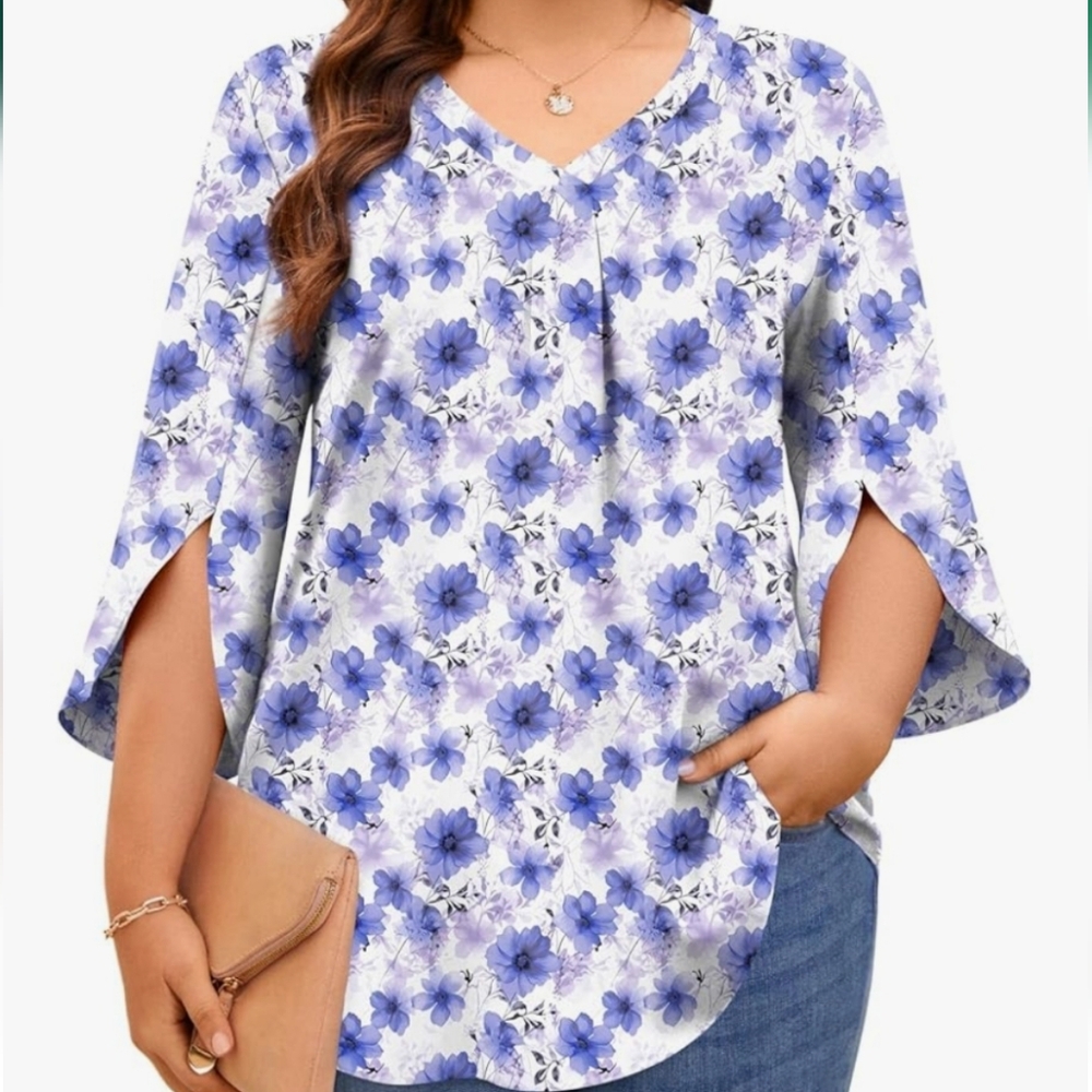 Floral Blue and Black Women's Plus Size 3/4 sleeve Flowy Top - Picture 5 of 5